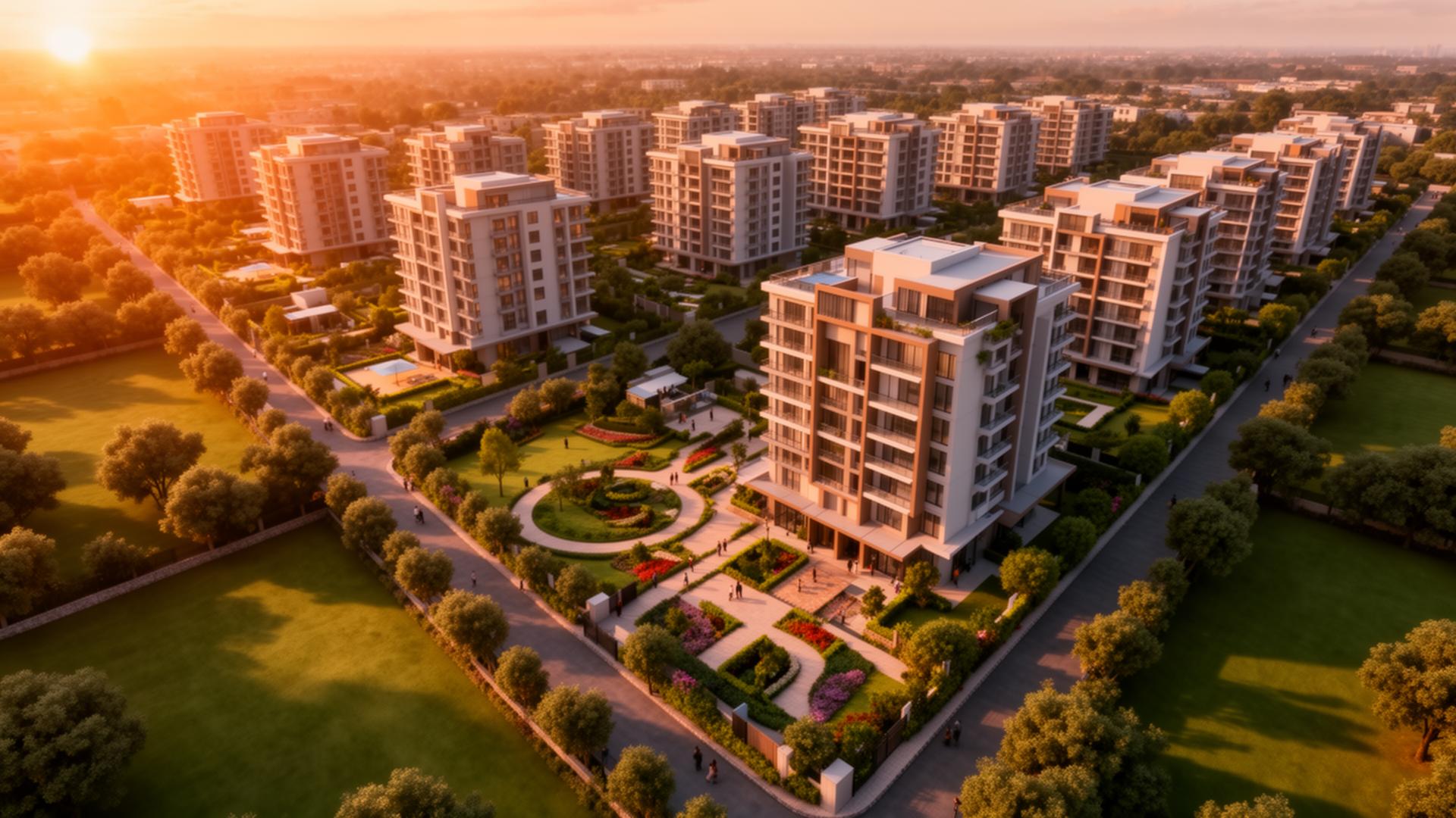 Modern luxury residential towers at golden hour